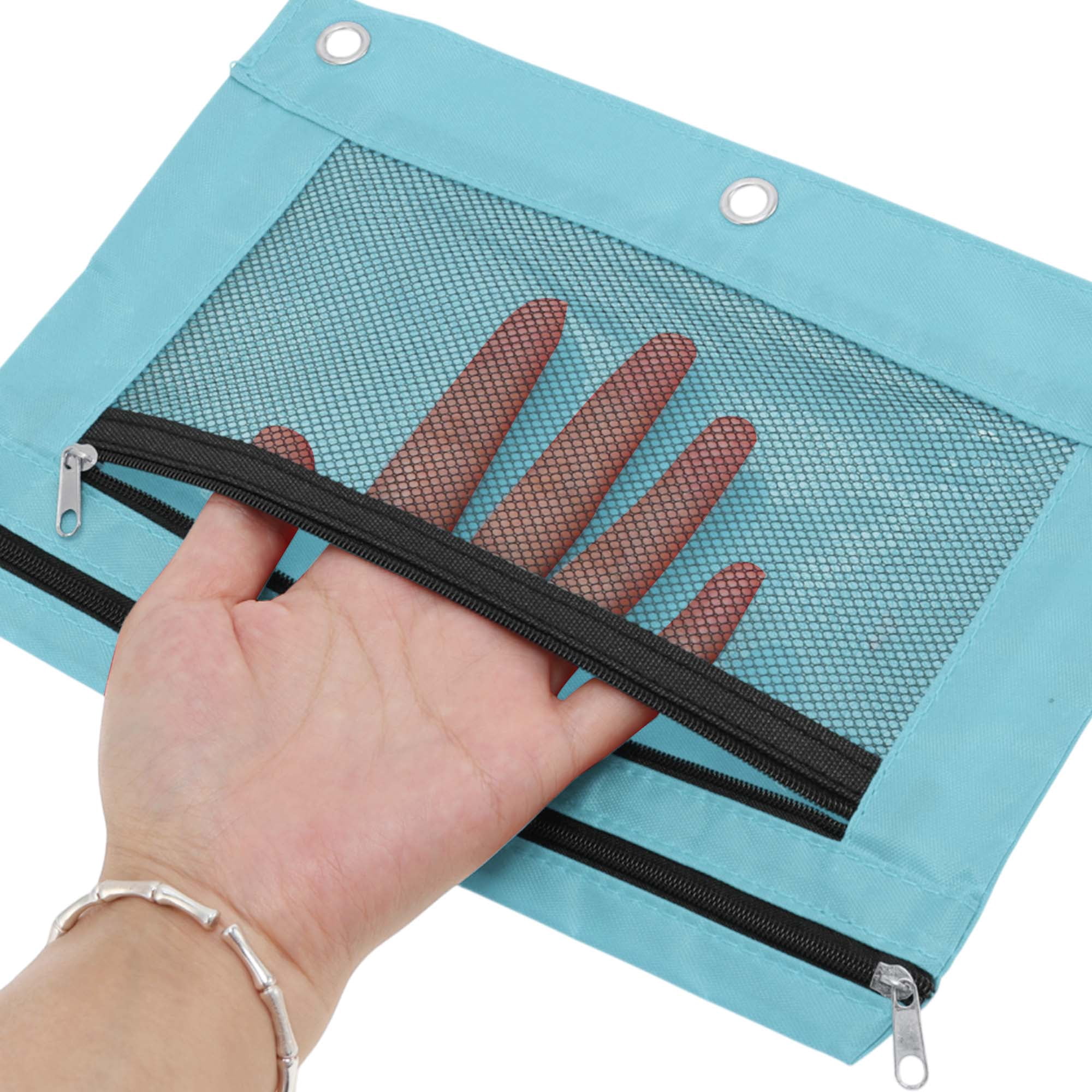 Unique Bargains Smooth Zipper Clear Mesh Double Layer Pencil Case for 3 Ring Binder Sky Blue