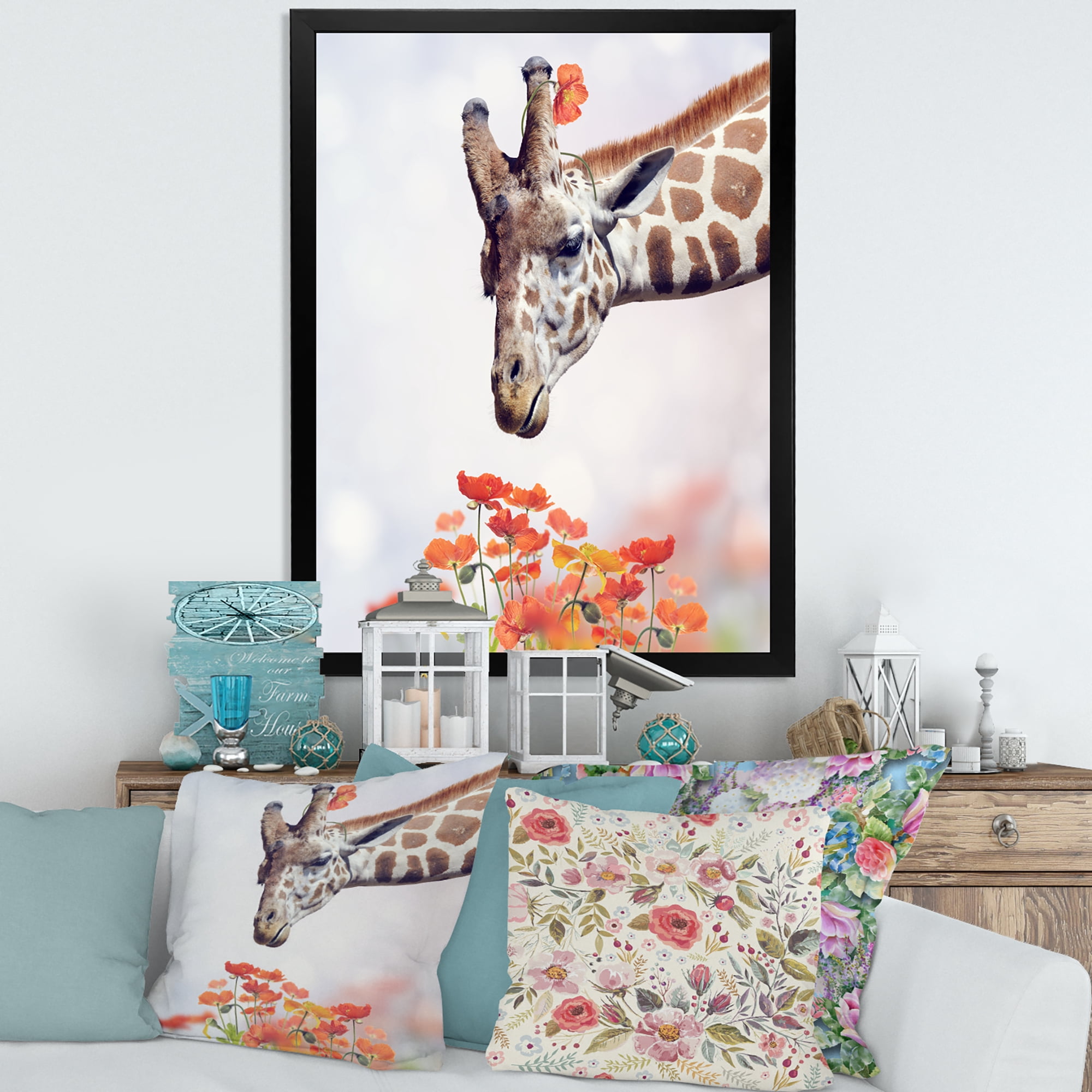 Designart 'Portrait of A Giraffe With Orange Flowers' Farmhouse Framed Art Print