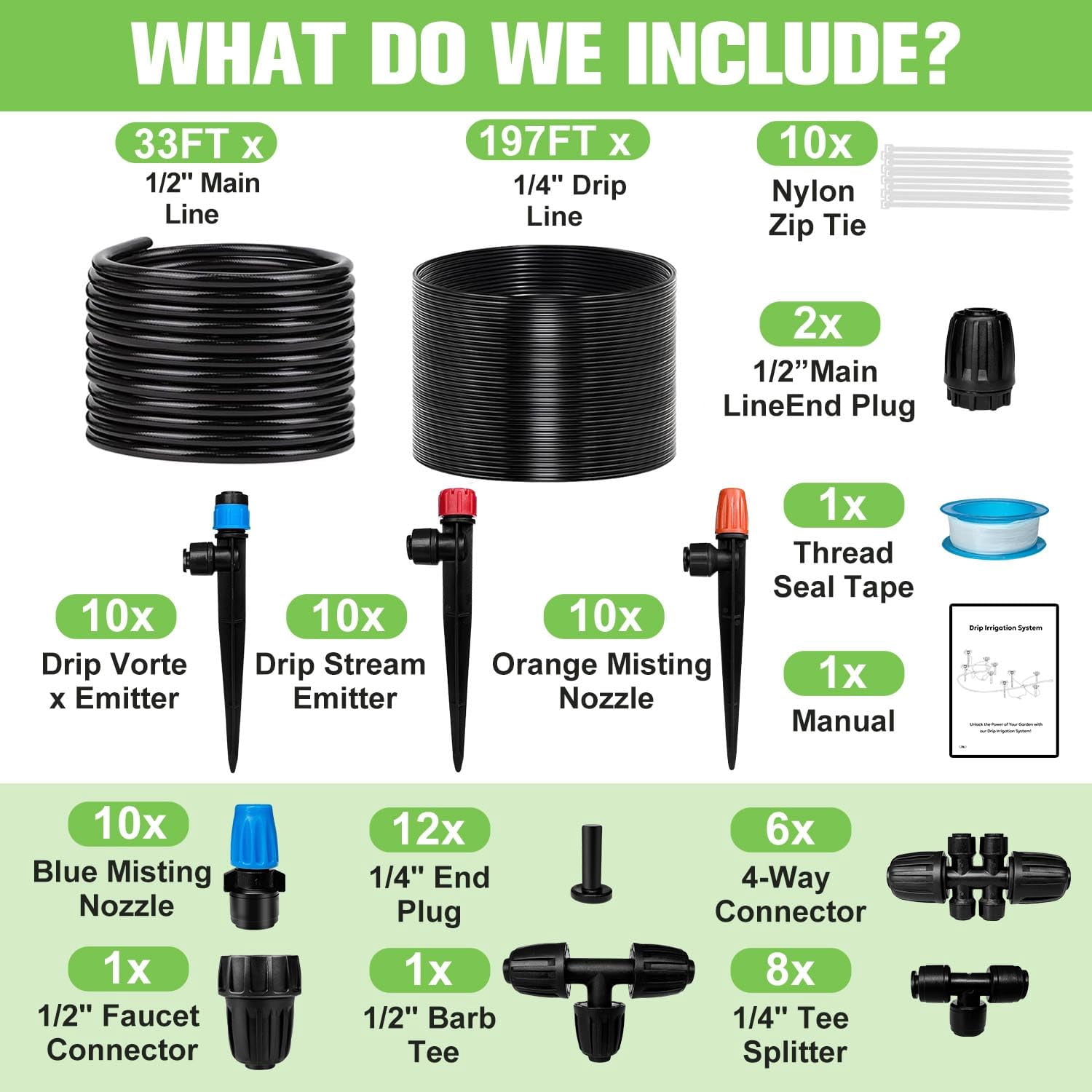 230ft Drip Irrigation System For Garden With 40 Nozzles & Emitters  Watering 1/2" 1/4" Tube And Barbed Fittings - Adjustable Sprinklers Kit Greenhouse Lawn Raised Bed
