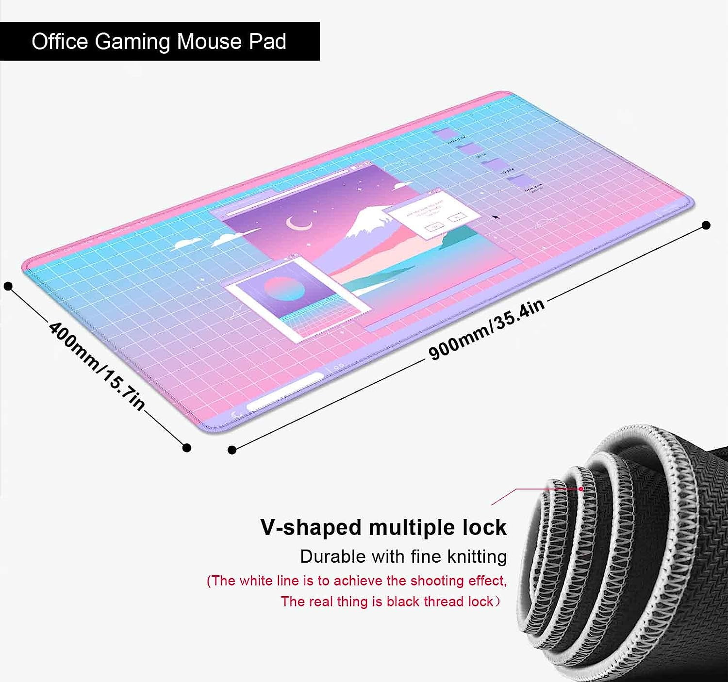 Kawaii Pink Retro Vaporwave Japanese Mount Fuji Moon Night Desk Mat, Cute Anime Grid Large Gaming Mouse Pad XL, Gift for Gamer Girls, Full Desk Mousepad Keyboard Mat - 35.4 x 15.7 Inch