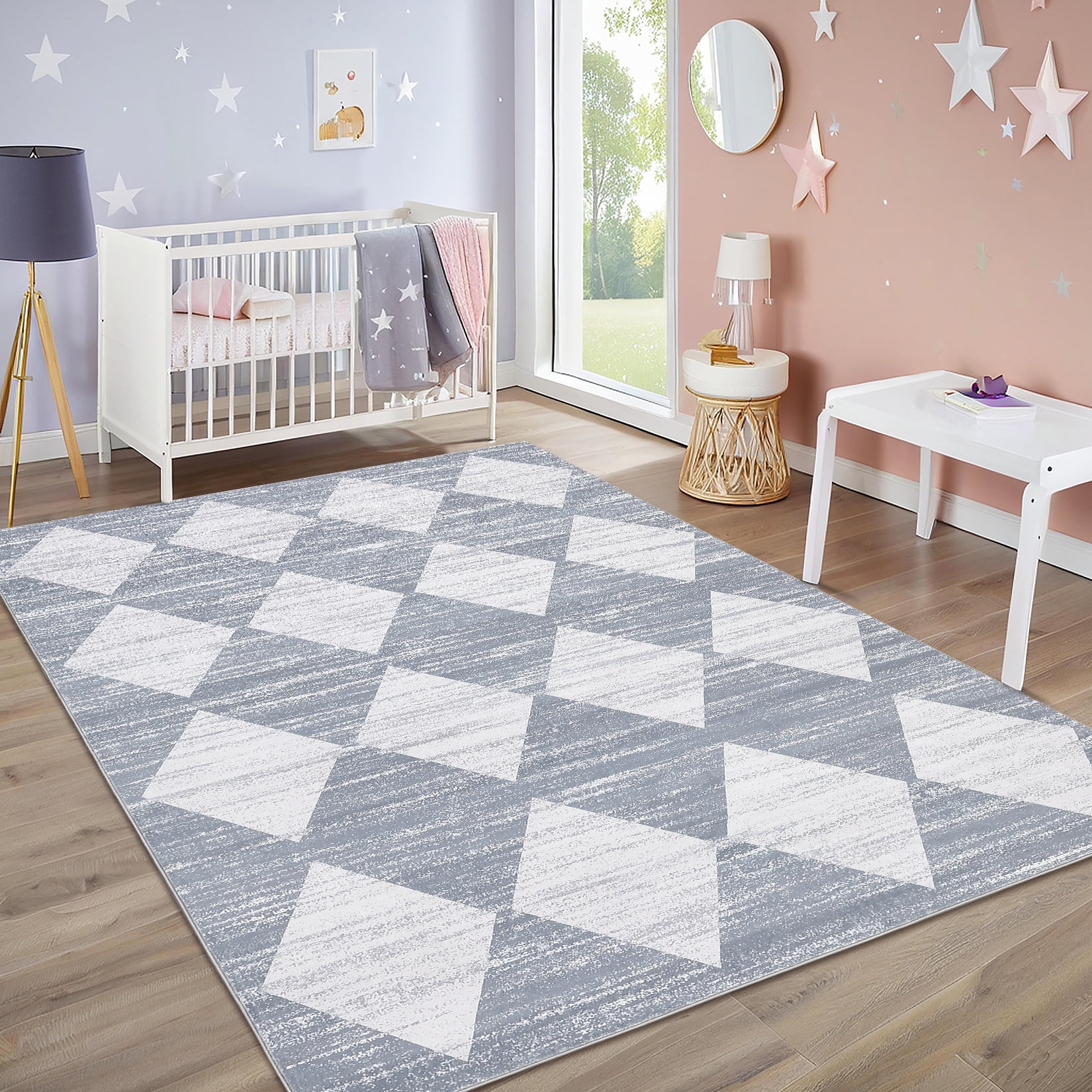 Garvee 10x13ft Geometric Diamond Area Rug, Machine Washable Rug Stain Resistant Indoor Carpet With Non-Slip Backing, Soft Low Pile Rug for Living Room Bedroom Home Office, Gray