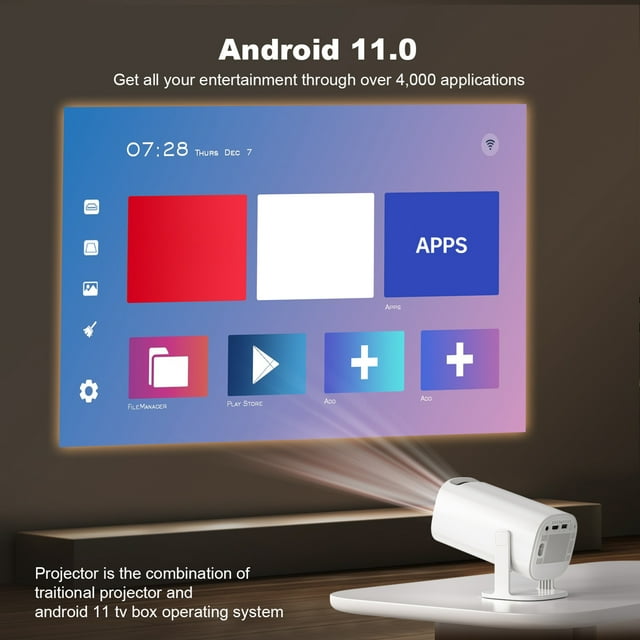 Projector with 4K Decoding 1080P WiFi6 BT5.4 11 System with 100in Display Same Screen Technique 180 Rotatable Movie Projector Built-in Speaker Horizontal Keystone