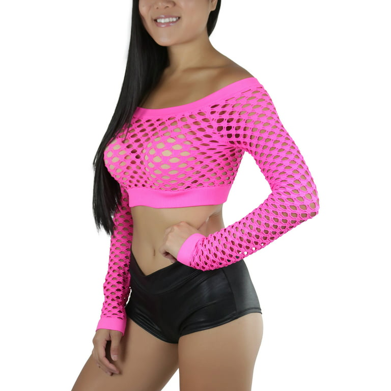 ToBeInStyle Women Stretch Fishnet Long Sleeve Rave See-Through Novelty Crop  Top