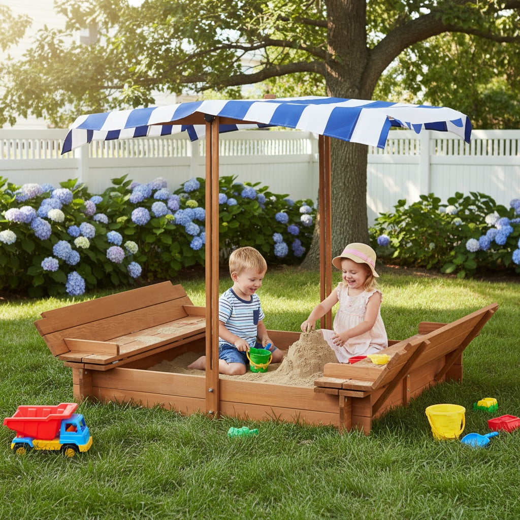 Kids Sandbox with Adjustable Canopy, 46'' Wooden Sand Box with 2 Foldable Bench Seats, Outdoor Cedar Sandpit for Backyard Play