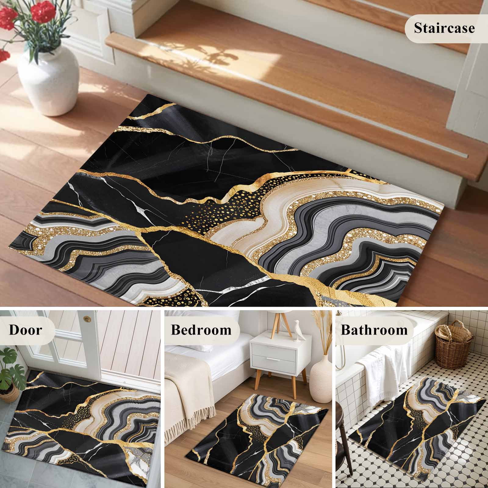 2x3 Ft Entryway Area Rug, Black Marble Kitchen Rug Runner Washable Floor Mat, Grey Gold Texture Vintage Farmhouse Art Non Slip Indoor Door Mat Throw Carpet for Bathroom Living Room Bedroom