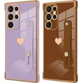 thumbnail image 5 of Designed for Samsung Galaxy S22 Ultra Case with Strap Luxury Love Heart Plating Gold Bumper Phone Cover Wristband Kickstand Full Body Protective Slim Case for Women Girls-Brown, 5 of 10