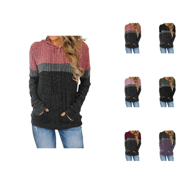 Color Block Ribbed Hoodies for Women Fall Winter Long Sleeve Hooded Sweatshirt with Pockets Pullover Tops