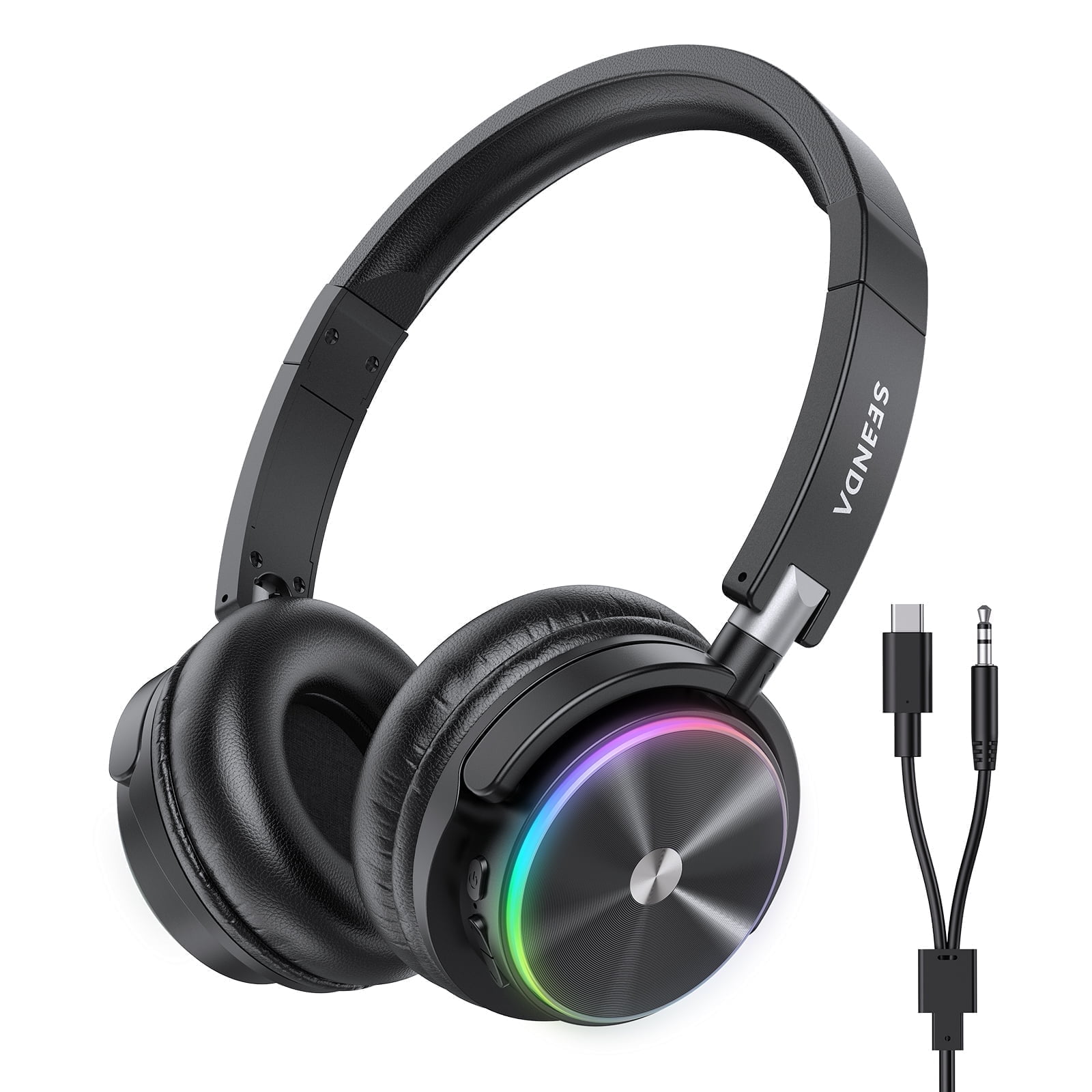 Seenda Kids Bluetooth Headphones with Microphone, 55Hrs Wireless/Wired Dual Mode, RGB Lights, 3.5mm/USB-C Cable, Comfort Fit for Children (HEO-204)