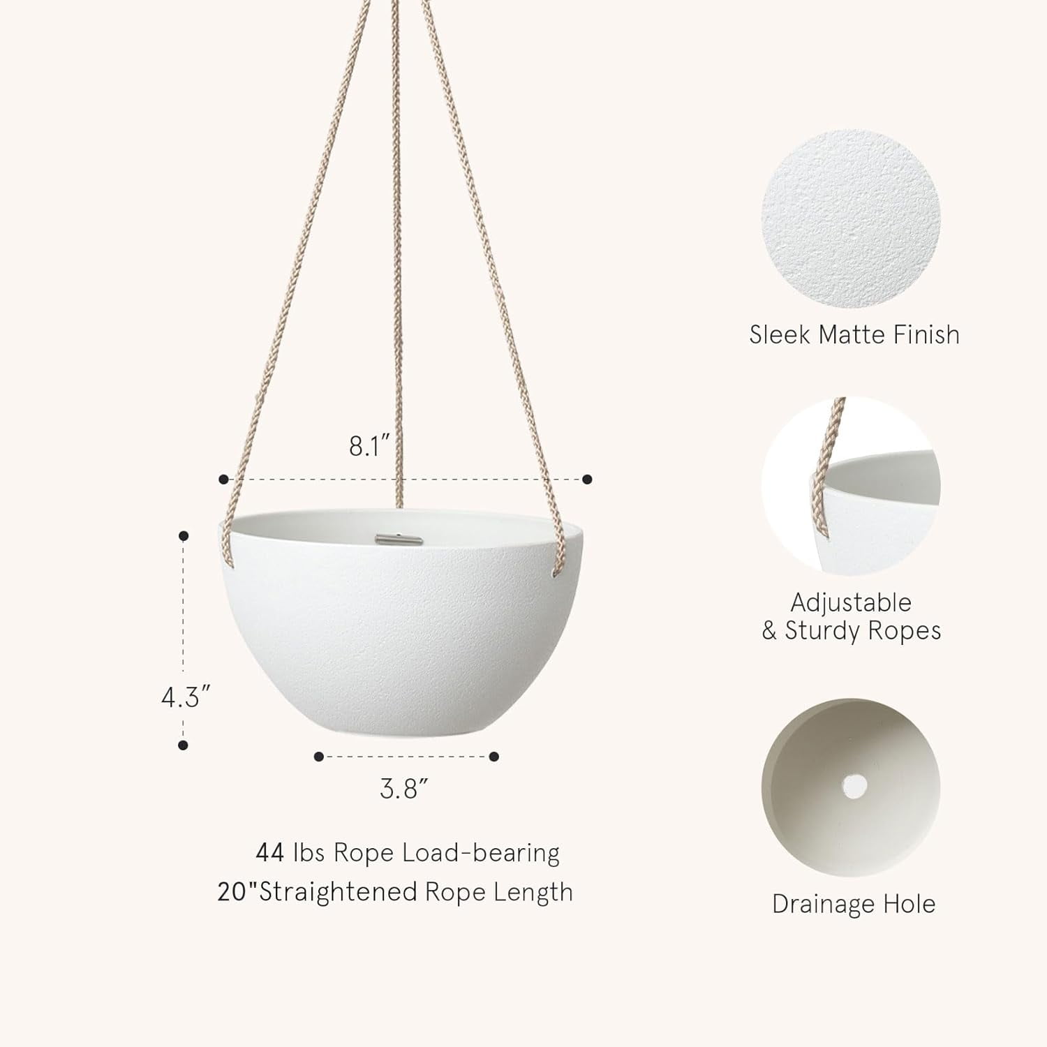 White Hanging Planter Basket - 8 Inch Indoor Outdoor Flower Pots, Plant Containers W/Drainage Hole, Pot for Plants, Pack 2