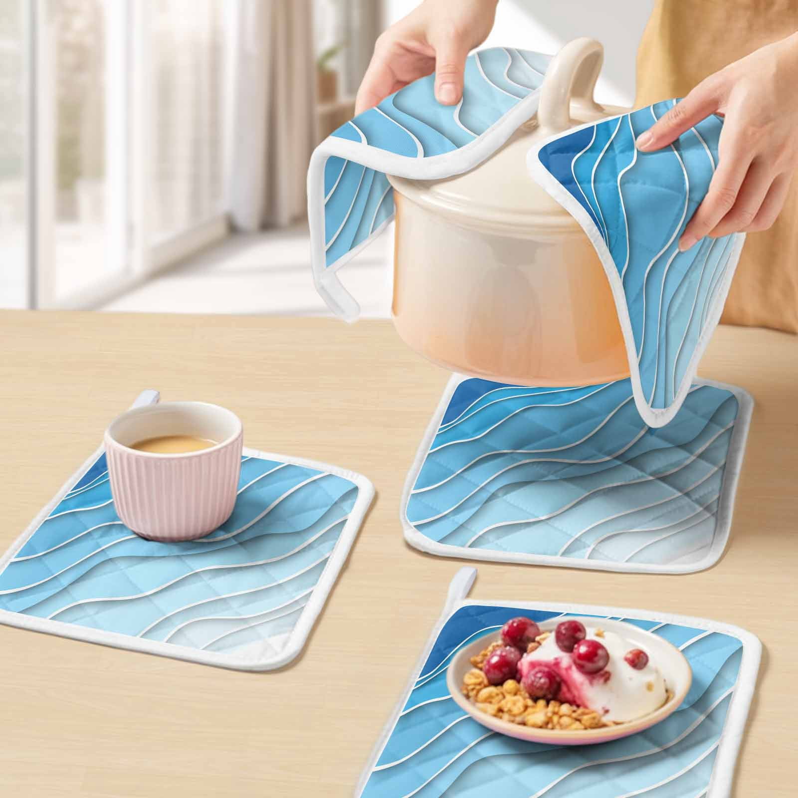 Blue Aqua Ombre Pot Holders for Kitchen Heatproof Potholder, 4 Pack Modern Geometric Abstract Aesthetic Cream Hot Pads Multipurpose Oven Pads Cloth Potholders Trivet for Cooking and Baking