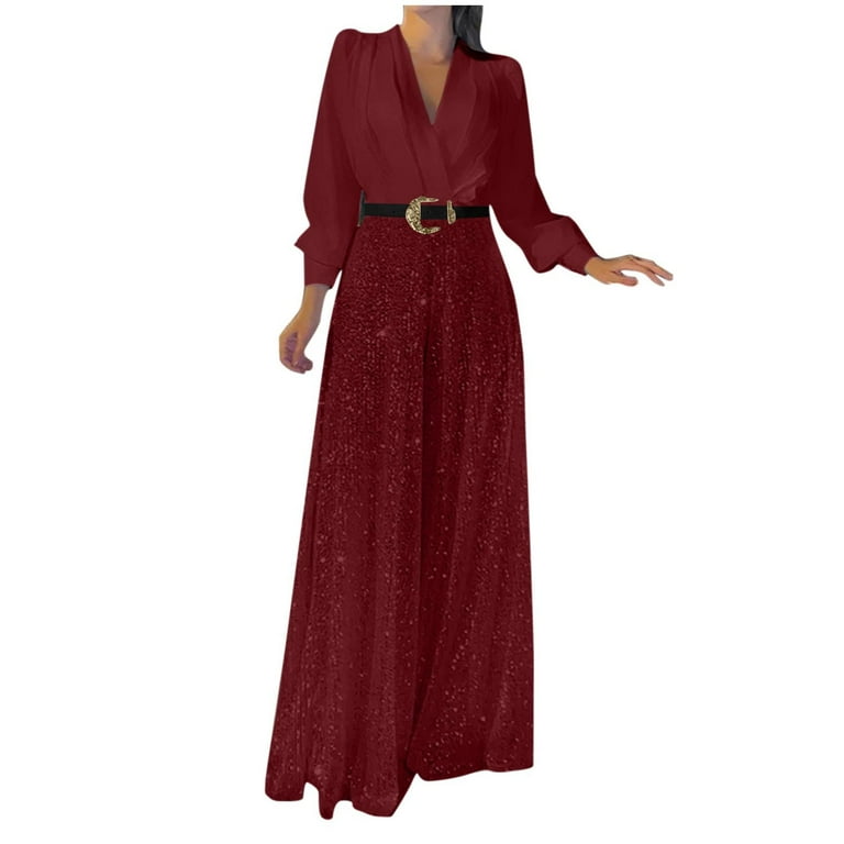 QATAINLAV Womens Loose V Neck Long Sleeve Jumpsuits Fashion Glitter Sequin  Splicing Wide Leg Jumpsuit Evening Sparkly Fold One Piece Pants Party  Outfit Wine XXL Vacation Sales - Walmart.com