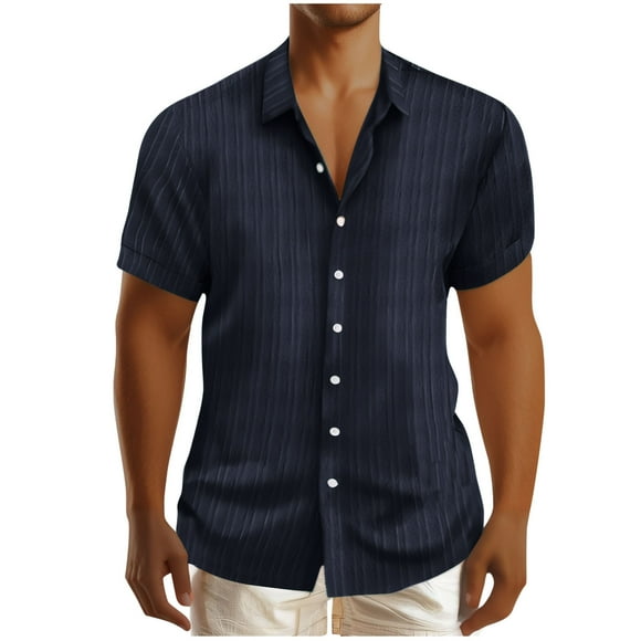 Txeol Flash Deals Men's Cotton and Linen Striped Jacquard Shirts Short Sleeve Solid Color Classic Tops Button Down Casual Beach Polo Tees,Navy,L
