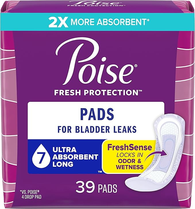 Poise Incontinence Pads and Postpartum Incontinence Pads 7 Drop Ultra Absorbency Long Length 39 Count Packaging May Vary
