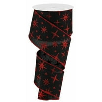 Christmas Retro Stars Metallic Canvas Xmas Holiday Wired Edge Ribbon : Black, Red - 2.5" x 10 Yards (30 Feet)