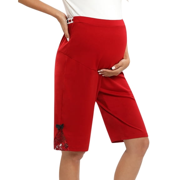 WBQ Women's Maternity Shorts Over The Belly Workout Loose Casual Pregnancy Lace Panel Short Pants with Adjustable Band Thin Style ,Red S-3XL