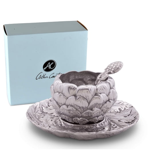 Arthur Court Aluminum Artichoke Condiment Set 3 piece Bowl, Tray, Spoon 7 inch Diameter Tray
