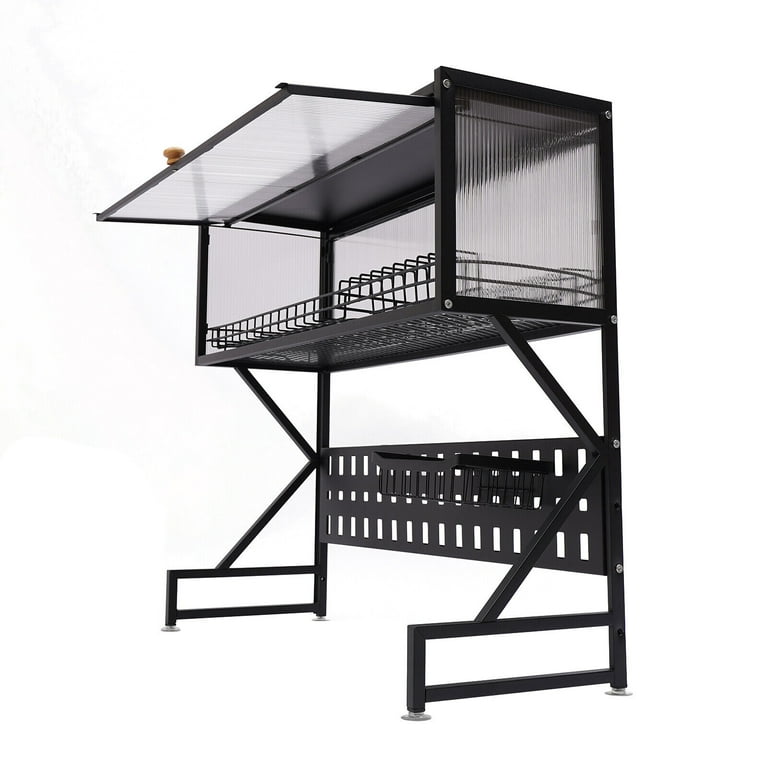Metal 2 Tier Drainable Dish Drying Rack Kitchen Black Drainer Storage Holder Over Sink Bowl Organiser Rack Tableware Storage Organiser