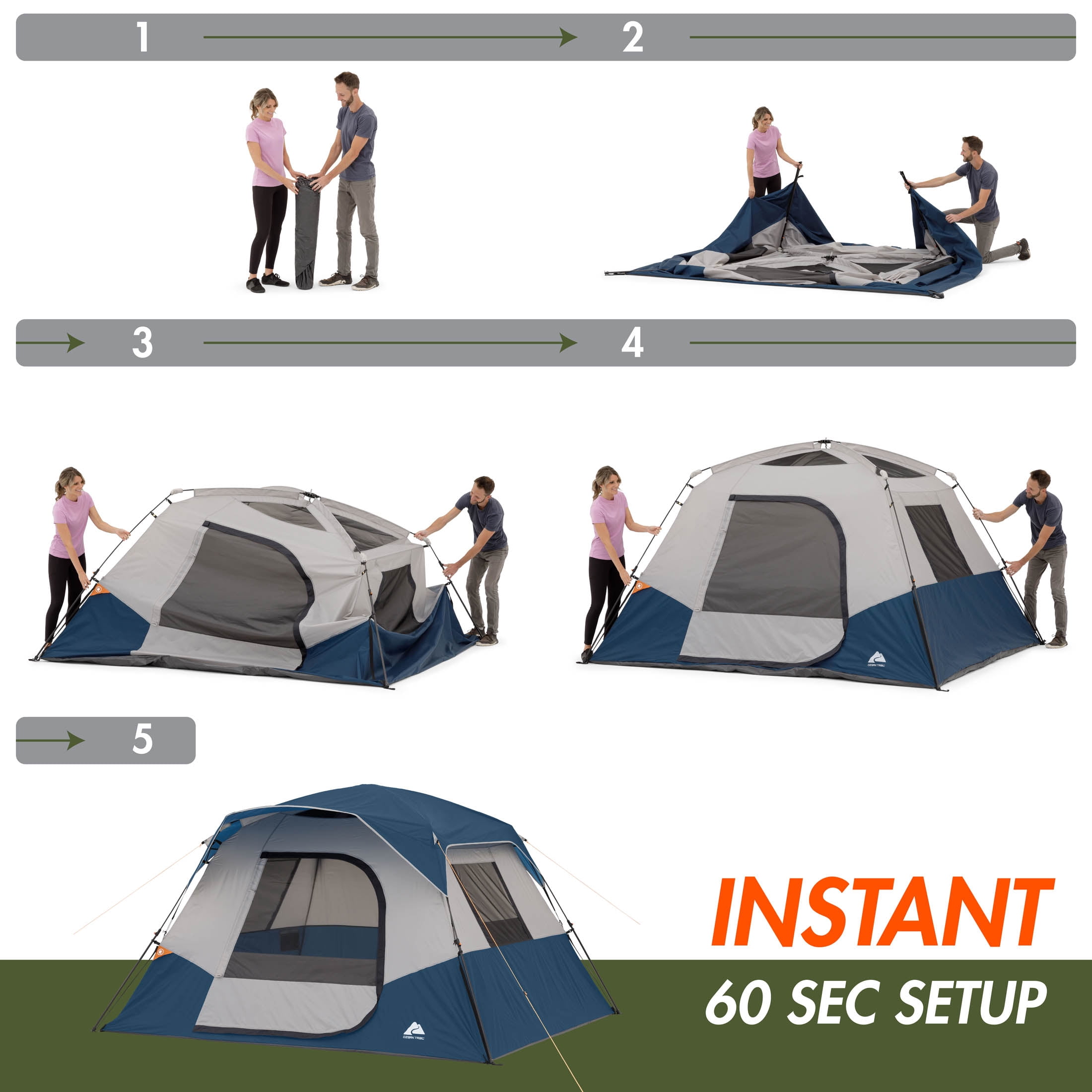 Ozark Trail 6 Person Family Instant Cabin Tent, 10' x 9' x 66", made with recycled materials, blue