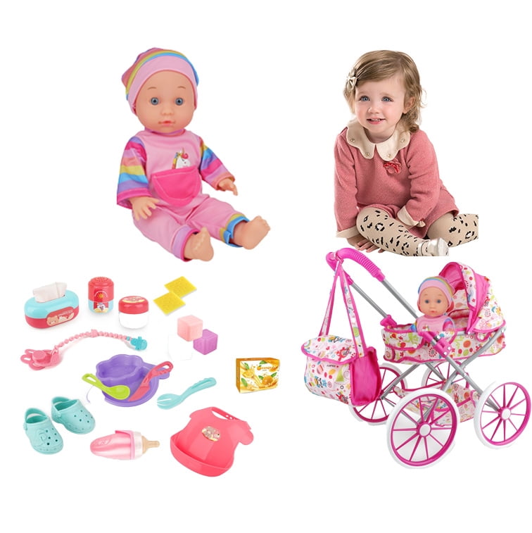 Mundo Toys 14" Baby Doll Nursery Playset, Stroller, Crib, 12 Sounds, Pink, +3