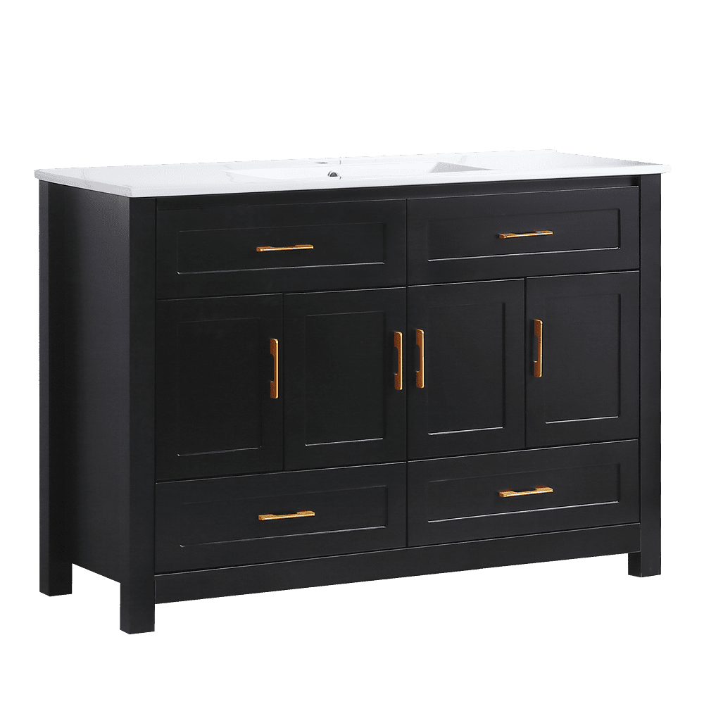 48" Black Bathroom Vanity with Sink, Solid Wood Cabinet, 4 Doors & 4 Drawers, Soft Close, Modern Storage Vanity Combo