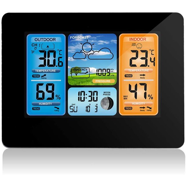 Estación meteorológica con sensor exterior, termómetro, higrómetro, estación meteorológica de radio para interior y exterior °C/°F, fecha, fin de semana, fases lunares
