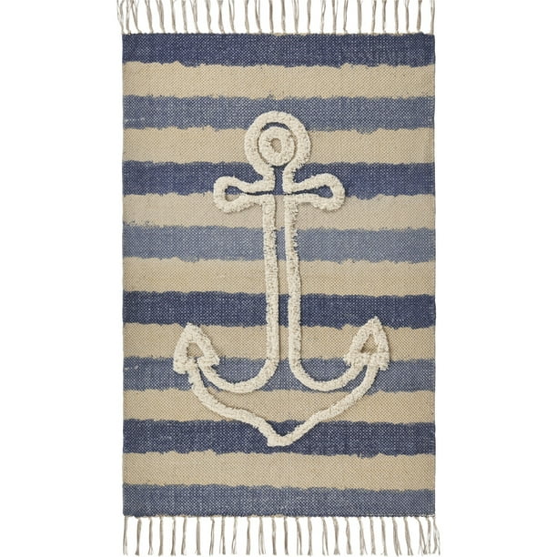 Lr Home Anchor Navy Blue Striped 2 Ft 6 In X 3 Ft 9 In Nautical Tufted Scatter Accent Rug Walmart Com Walmart Com
