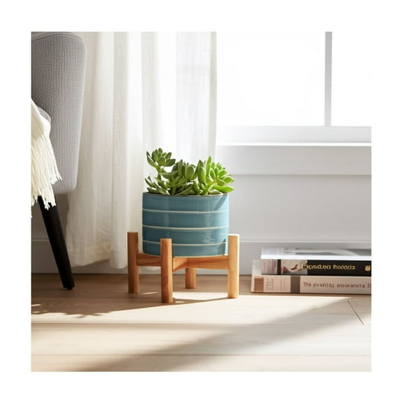 Ceramic Planter with Stand - Ceramic Indoor/Outdoor Plant Pot - Modern Garden Trend Design - Decorative Flower Pot for Home & Garden - 6" Blue