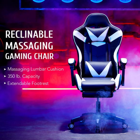 Chaise de Joueur en Cuir Inclinable Preenex Support Ergonomique Roues de Massage Haut Dos, Blanc