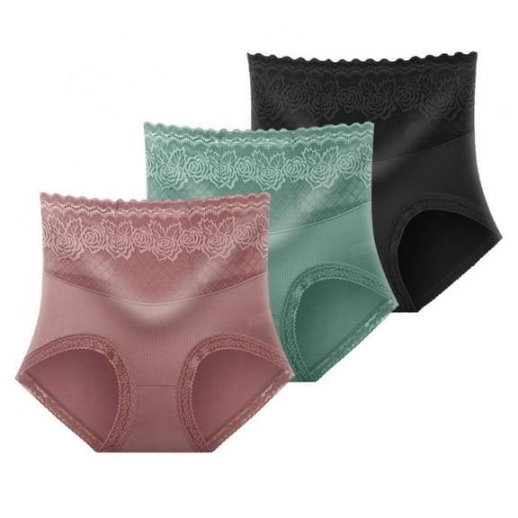 3-Pack Women High Waist Lace Briefs Floral Modal Tummy Control Underwear Panties Full Coverage Sexy Panty