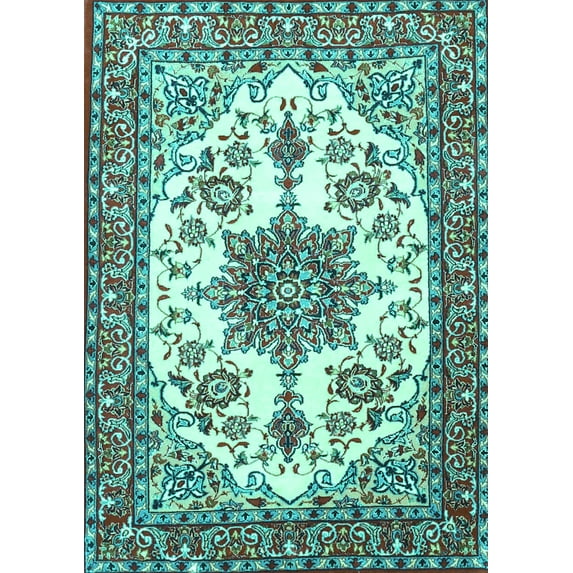Ahgly Company Machine Washable Indoor Rectangle Medallion Turquoise Blue Traditional Area Rugs, 8' x 12'