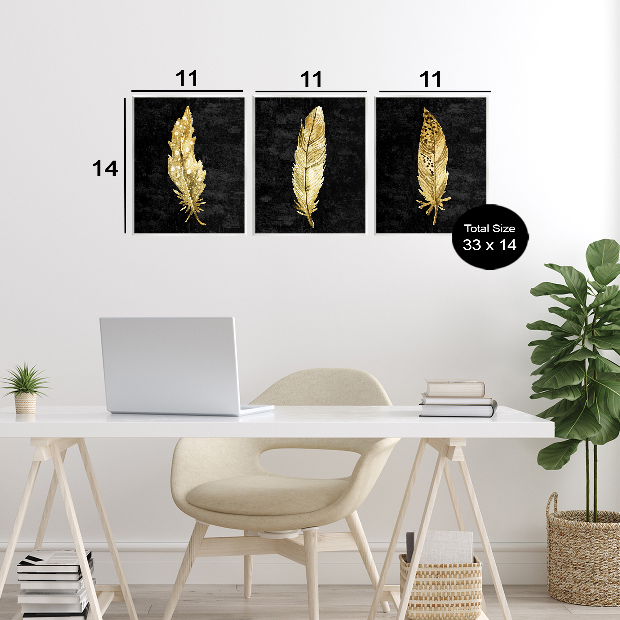 Black & Gold Feathers 3 Piece Wall Plaque Art Set, design by Kim Allen