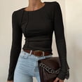 thumbnail image 4 of Camisas de Larga para Mujer, Corte Entallado, Cuello Redondo, Ropa de Otoño, Costuras Expuestas, Blusas Básicas Acanaladas. Negro M, 4 of 7