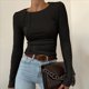 thumbnail image 4 of Camisas de Larga para Mujer, Corte Entallado, Cuello Redondo, Ropa de Otoño, Costuras Expuestas, Blusas Básicas Acanaladas. Negro XS, 4 of 7
