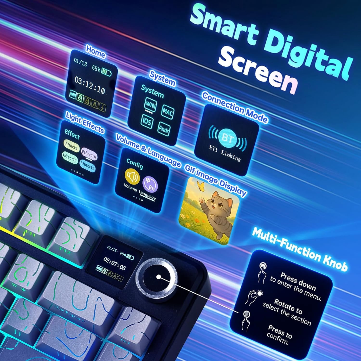 AULA F75 Max, 81-Key, Wireless, Hot Swappable, Mechanical Gaming Keyboard, RGB, Knob, 4000 mAH Battery, Digital Screen