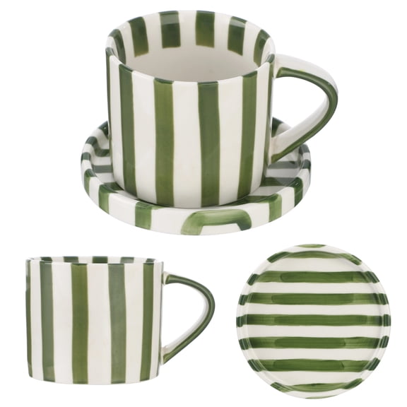 8 oz Ceramic Coffee Mug with Saucer, Underglazed Green Striped Tea Cup, Espresso Cup Set, Art Coffee Mug for Office, Porcelain Latte Cup Present, Aesthetic Drinkware for Home Kitchen