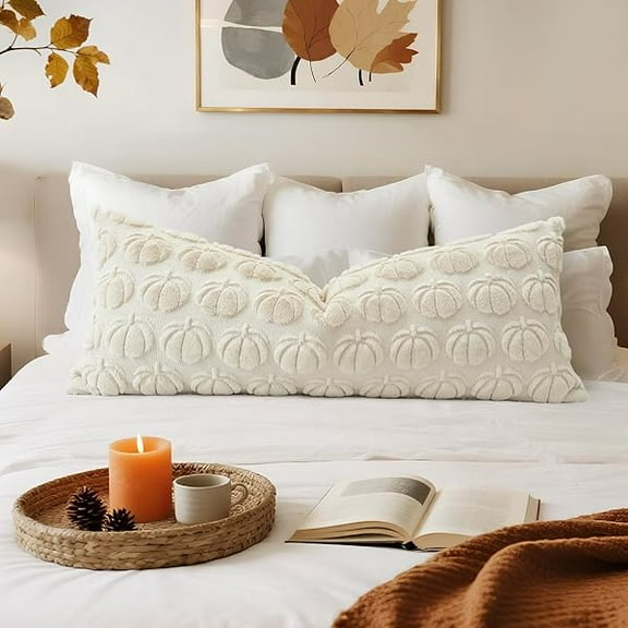 1997 Fall Pillow Covers 14x36 Inch, Pumpkin Autumn Harvest Decorations Throw Pillowcases Soft Plush Faux Fur Wool Couch Cushion Covers for Home Bed Decor Thanksgiving Gifts (Cream Beige)