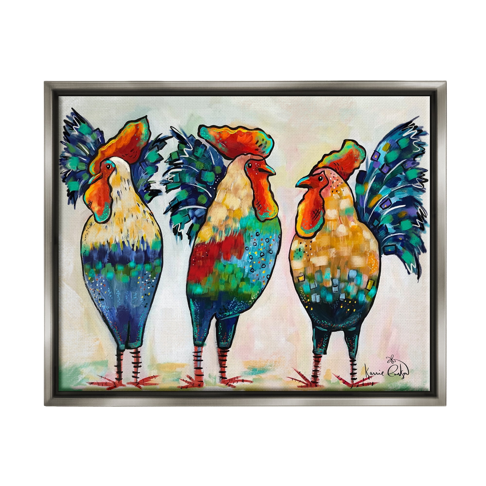 Stupell Industries Bold Patterned Chickens Hens Vivid Feathers Standing Painting Luster Gray Floating Framed Canvas Print Wall Art, Design by Karrie Evenson