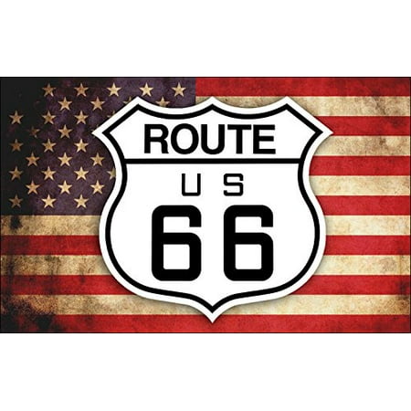 3x5 inch American Flag with Route 66 Sign Sticker (Decal Historic rv