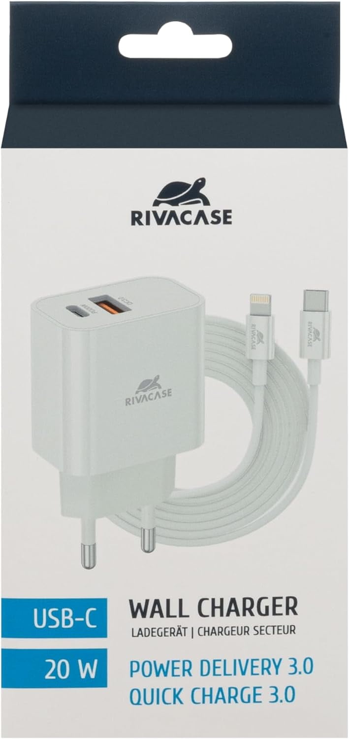 RIVACASE PS4102 WD5 Caricabatterie con cavo Lightning Type-C – 20W PD, QC3.0, 2 porte Type-C e