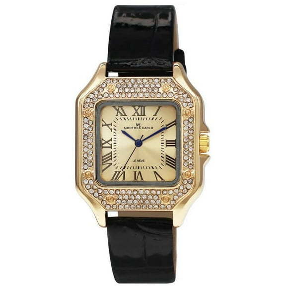 35mm Montres Carlo Women Simulate Diamond Dial Dress Wrist Fashion Luxury Watch (Gold/Black)