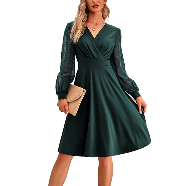 Vestido de manga larga con escote en V y encaje calado, vestido de manga larga hasta la rodilla, vestidos casuales de otoño e invierno, vestido de cóctel, vestido de fiesta
