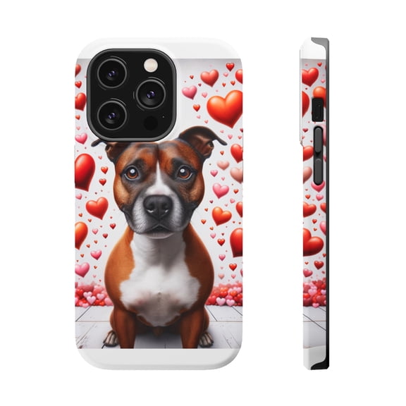 DistinctInk Tough Case for Apple iPhone 14 PRO (6.1" Screen), Compatible with MagSafe Charging - Valentine's Day Staffordshire Bull Terrier