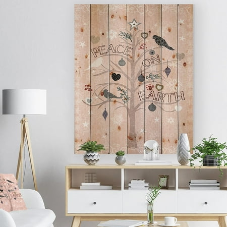 Hanging Curtains High And Wide DESIGN ART Designart 'The Embellished Christmas Tree, Peace on Earth' Print on Natural Pine Wood - Pink ()