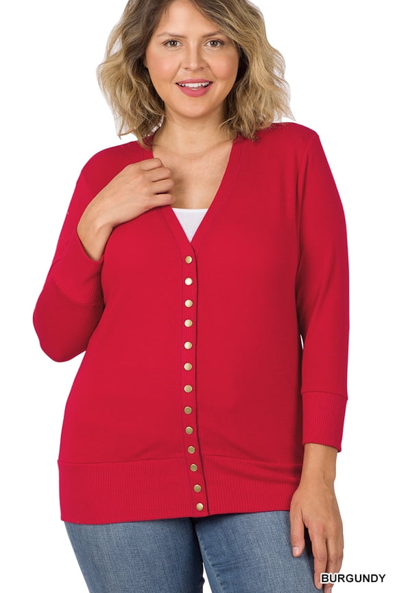 Women & Plus Front V-Neck Classic Thin Snap Button Down 3/4 Sleeve Ribbed Knit Cardigan