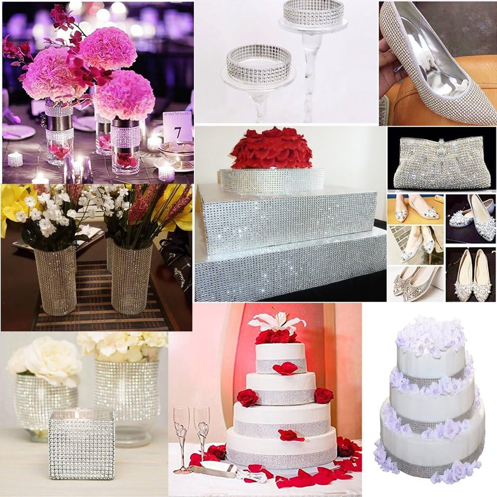 Rhinestone Diamond Mesh Ribbon Wrap, Silver Acrylic Bling Diamond Wrap Ribbon  for DIY, Wedding Decorations, Cake, Birthday Party Supplies, Arts and Crafts (60Ft)