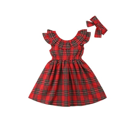 

Toddler Baby Girl Princess Dress Party Plaid Backless Christmas Dresses Clothes With Headband