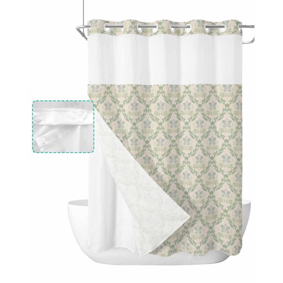No Hook Shower Curtain with Snap in Liner, Vintage Green Flowers Pattern Hotel Shower Curtains for Bathroom, Washable Shower Curtain Liner Set with Mesh Top Window, 48"x72"