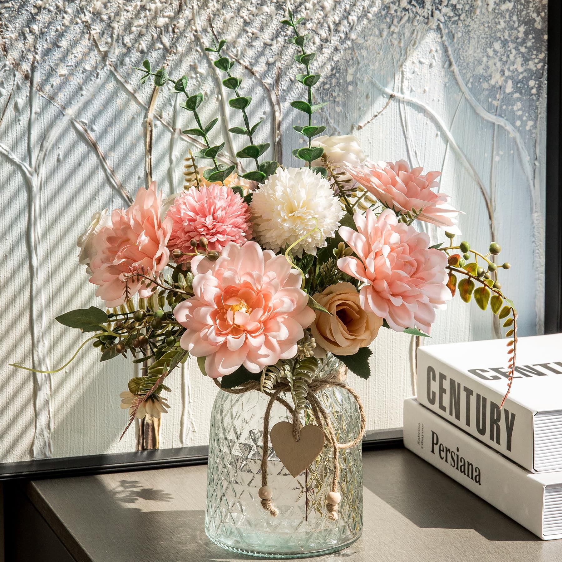 Silk Dahlia Fake Flowers in Vase, Pink Artificial Flowers for Home Decor, Faux Floral Arrangement with Glass Vase for Coffee Table Centerpiece Living Room Bathroom Office Décor, Pink