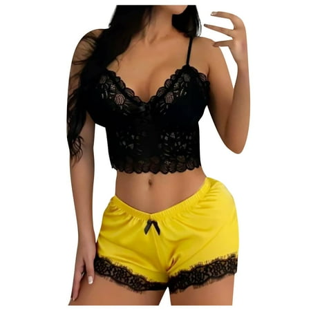 

Knosfe Women Pjs 2 Pack Crop Top Shorts Set Sleepwear Solid Color Eyelash Satin Nightgown Sexy Pajamas Set