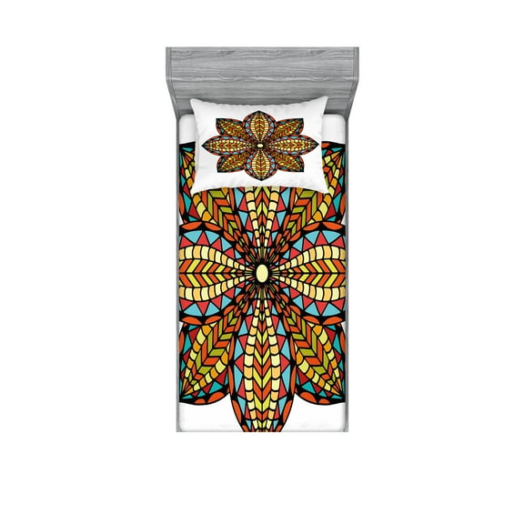 Ambesonne Mandala Fitted Sheet & Pillow Sham Set, Colorful Curvy Floral Art, Twinxl, Multicolor